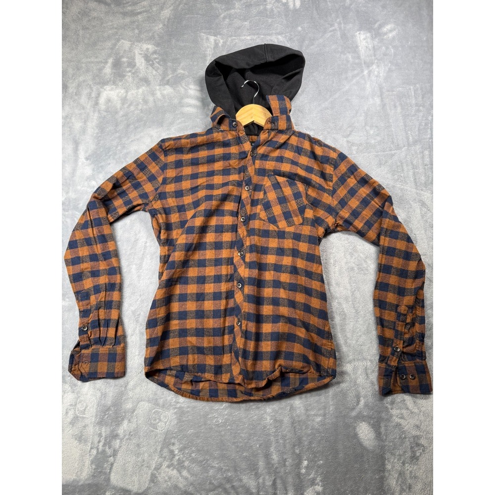 Public Record Flannel Shirt Boys Small Brown Blue Buffalo Plaid Hooded Button Up
